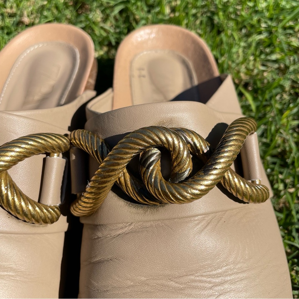 Zara Metal Link Buckle Genuine Leather Clogs Mules Sandals in Tan Size 8 - Picture 10 of 14
